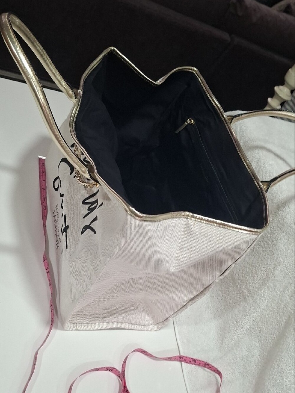 Victoria's Secret Beige and Black Canvas Tote with Gold Chain Trim - Picture 5 of 5
